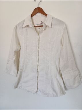 Caamano 100% Cotton Embroidered Button Front Collared 3/4 Sleeve Blouse L